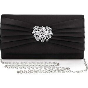 Women Black Evening Bag Pleated Satin Rhinestone Brooch  With Detachable Chain